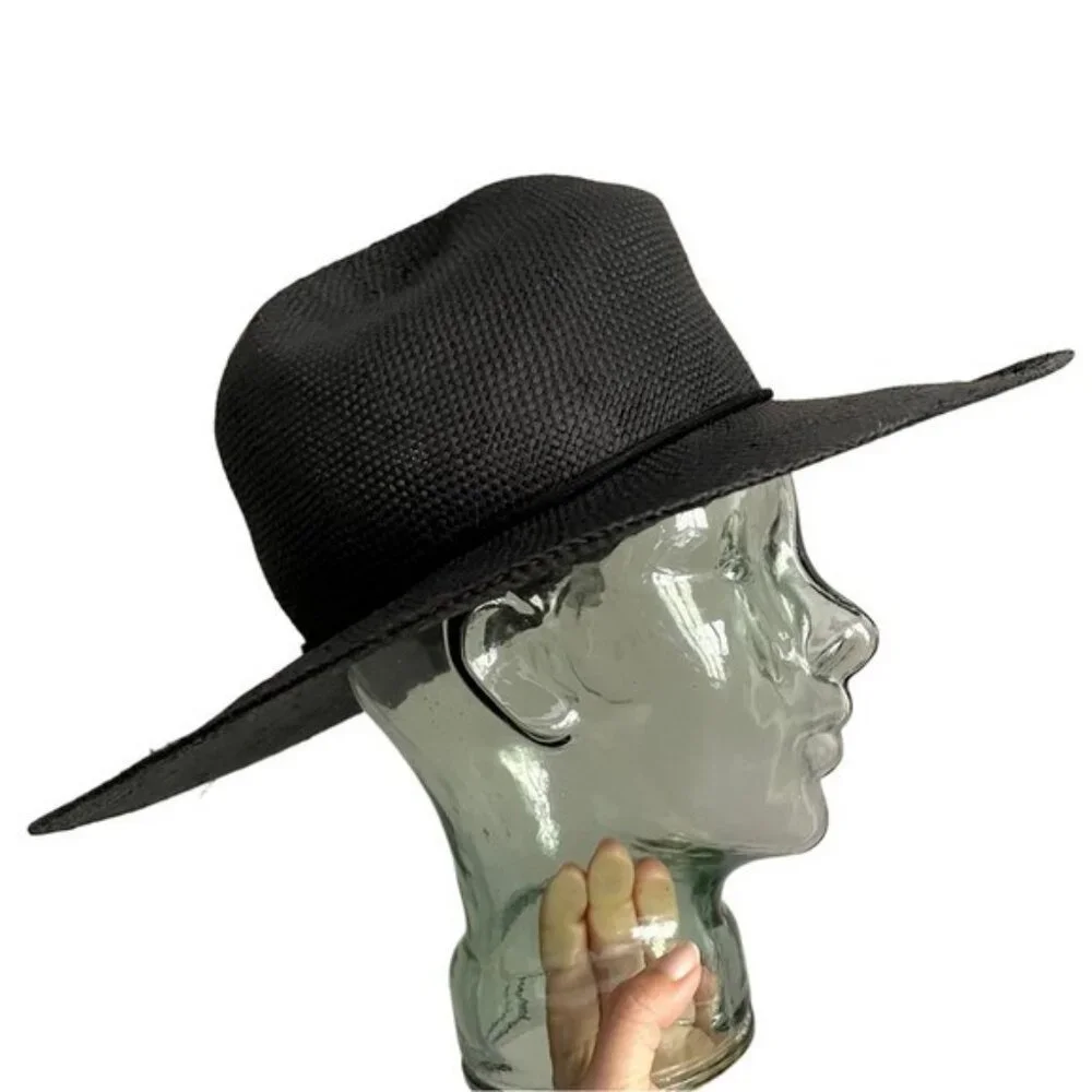 Vintage Black Straw Large Brimmed Hat w/ Pinched Crown - Picture 4 of 8